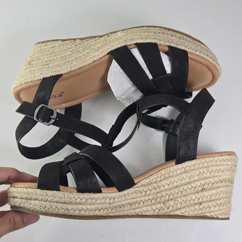 Luoika Black Woven Espadrille‎ Wedge Sandals Women's Size 9.5 Wide
